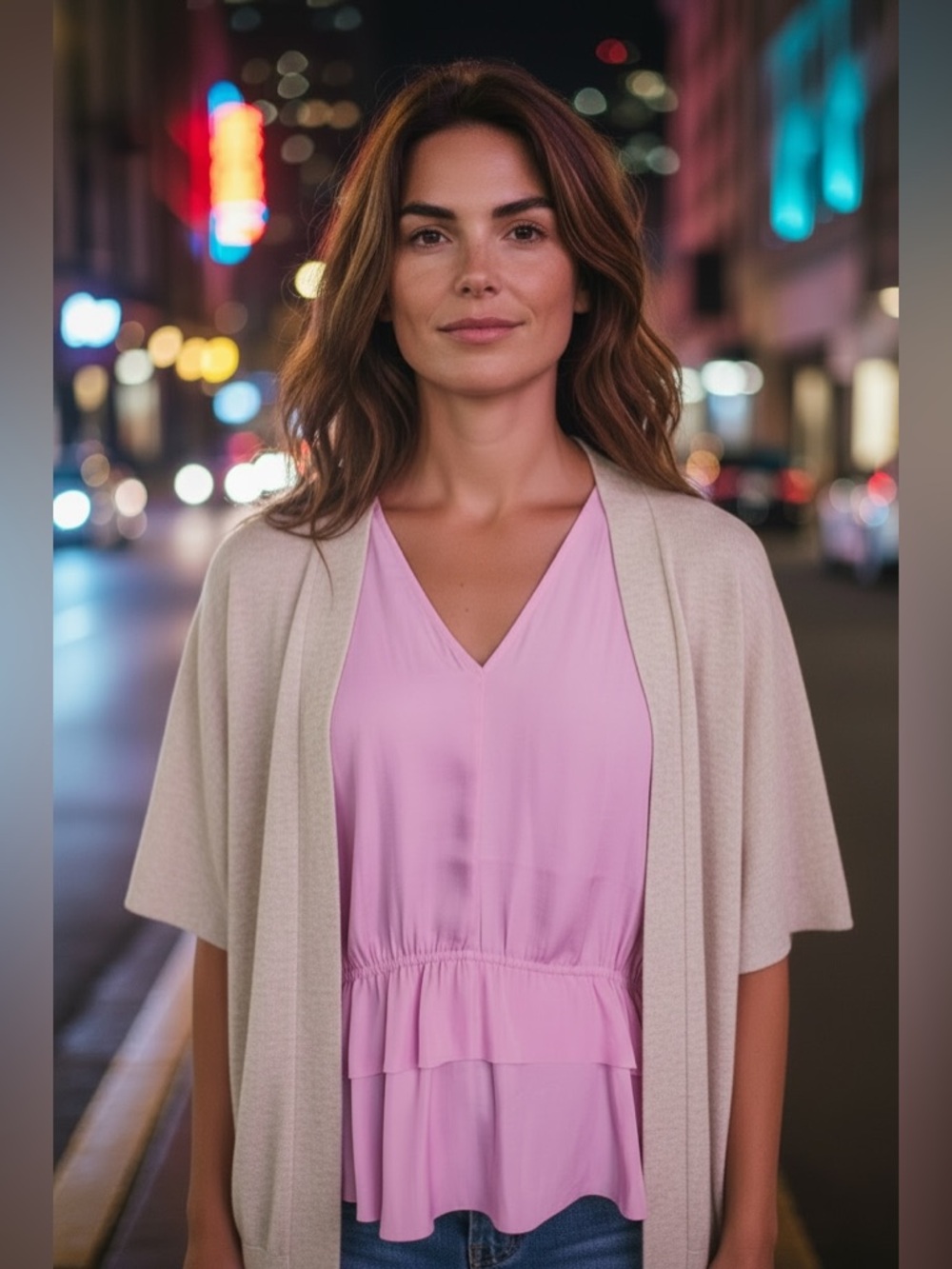 Banana Republic Light Pink V-Neck Peplum Blouse with Cream Open Cardigan - Picture 4 of 12